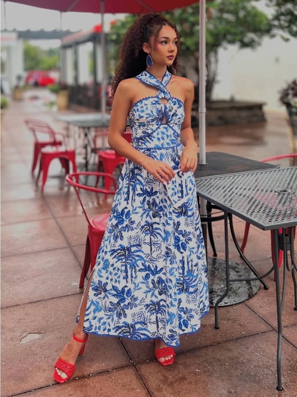 NWT J. Marie Blue & White Floral Cutout Midi Dress NWT Cottagecore Summer 🌿~ L